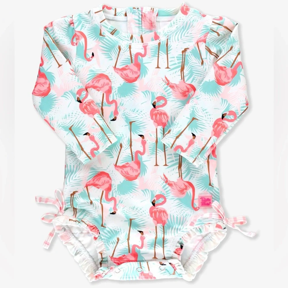 Ruffle Butts Long Sleeve One Piece Swimsuit in Vibrant Flamingo Print